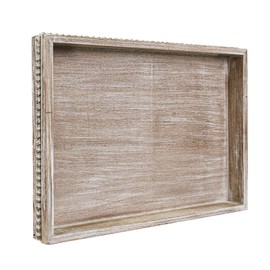 MAONAME Wood Decorative Tray, Farmhouse Wooden Tray for Coffee Table, Rustic Rectangle Tray with Beads, Wash White Serving Tray for Living Room, Kitchen, 15.8" X 11.8" X 1.6"