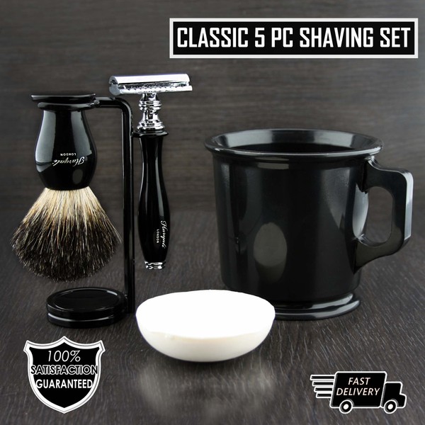 Old School Complete Shaving Kit with Brush Mug DE Safety Razor & Soap Gift Set