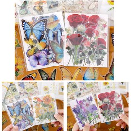 300PCS Floral Scrapbooking Sticker Set Butterfly Mushroom Fruit Rose Flower PET Stickers for Art Journaling Scrapbooks Arts Craft Journal Planner Water Bottles Cup Laptop Collage Diary Book Letter