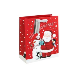 Eurowrap Happy Christmas Santa and Friends Gift Bag with Silver Gift Tag Xmas Gift Wrap Snowman Penguin Medium