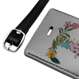 Letter T Floral Monogram Initial Rectangle Leather Luggage Card Carry-On ID Tag