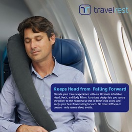 TRAVELREST Ultimate Inflatable Travel Neck & Body Pillow - Travel Essentials, Comfort and Upper Body Support, Airplane Neck Pillow for Long Flight, Straps to Airplane Seat & Car, for All Ages - Grey