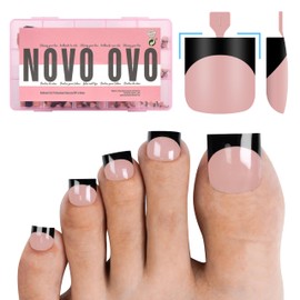 NOVO OVO Schwarze French-Tip BABY PINK Zehennägel zum Aufdrücken, scharfe quadrat vorgefertigte künstliche Zehennägel aus weichem Gel, lange/mittellange künstliche Zehennägel, 15 Größen, 240 Stück