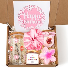 Birthday Gifts for Women, Teen Girl Gifts, Birthday Gifts for Her, Happy Birthday Gift Box for Girl, Women, Sister, Daughter, Best Friend, Friendship, Cute Daisy Glass Cup Gifts Set 7PCS, 16oz, Pink