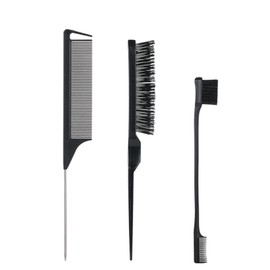 Styling Hair Brush Set, Bristle Hair Brush Tail Comb Edge Brush for Edge & Back Brushing, Black Brush Set Rat Tail Combing Slicking Hair for Women Girls 3PCS