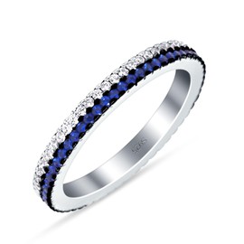 3mm Full Eternity Stackable Thin Blue Line Band Ring Round Simulated Sapphire CZ 925 Sterling Silver, Size-7