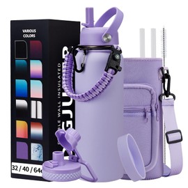 40 oz Water Bottle with Straw - Insulated Vacuum Water Flask with Straw & Auto Spout Lid, Paracord Handle & Carrying Pouch, Keep Cold 48H Hot 24H, Sweat-Proof Thermal Water Jug with Strap for Hiking