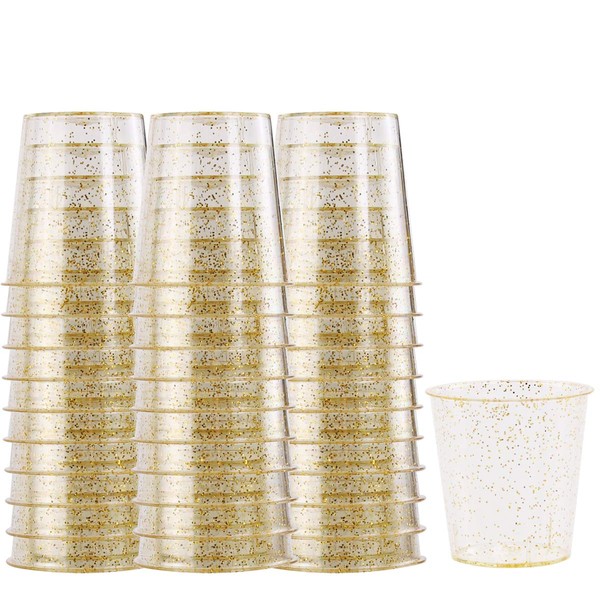 WELLIFE 200 PACK Gold Glitter Plastic Shot Glasses, 1 OZ Disposable Plastic Party Cups, Premium Hard Plastic Shot Cups, Perfect Mini Container Ideal for Whisky and Any Food Sample