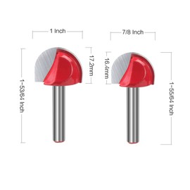 RKURCK Core Box Router Bit, 1/4" Shank Carbide Tipped Double Flute Round Nose Router Bit - 5/8" 3/4" 7/8" 1" Cutting Diameter for Woodworking Milling Cutter 4 Pcs