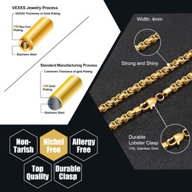 VEXXS Royal Byzantine Chain, 18K Real Gold Plated Gold Chain, Durable No Color Fading 4mm 6mm Men’s Necklace Chain Street Wear Hip Pop Necklace Chain Urban Fashion Jewelry (4mm-18K Gold, 20.00)