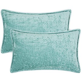 decorUhome Decorative Throw Pillow Covers 12x20 Set of 2, Lumbar Velvet Farmhouse Pillow Covers, Chenille Pillow Covers with Stitched Edge for Couch, Sofa, Aqua Haze