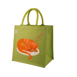 Fairtrade Eco-friendly Jute Shopping/Beach/Picnic Bag - Resusable - SLEEPING CAT - 30 cm - Olive Green, Orange, Purple, White