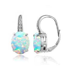 Sterling Silver Synthetic White Opal & White Topaz Oval Leverback Earrings