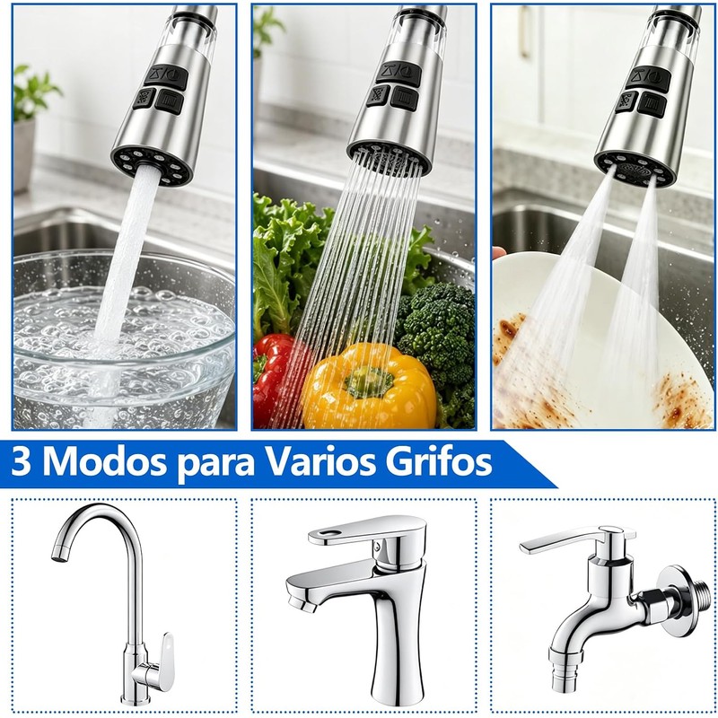 Aireador de Grifo Cocina con Filtro, 3 Modos Extensor G1/2