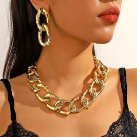 Quivox Chunky Gold Jewelry Set for Women Exaggerated Large Cuban Necklace Earrings Acrylic Link Chain Choker Dangle Earrings Trendy Hip Hop Jewelry Accessory (Gold2)