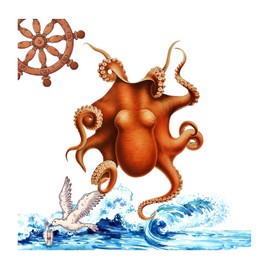 Ocean Beach Nautical Theme Underwater Octopus Laptop Home Decor Wall Decals Stickers Boat Ship Steering Wheel Perching Bird Reusable Home Decals for Backdrops Floor Window Restaurant Trucks Vinyl 28in