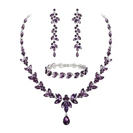 EVER FAITH Marquise Crystal Party Jewelry Set for Bride, Gorgeous Leaf Rhinestone Necklace Dangle Earrings Tennis Bracelet Set Purple Silver-Tone