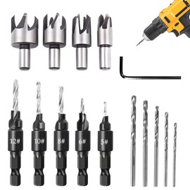 PZJFH 15-Piece Countersink Drill Set, Replacement Drill Bit and 1/4 Inch Hexagonal Handle with Masonry Drill and Wood Drill for Precise Drilling Holes, Tin-Coated, for Wood, Plastic, PVC and More