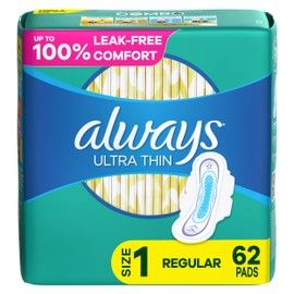 Always Ultra Thin Feminine Pads for Women, Size 1 Regular Absorbency, with Wings, Unscented, 62 Ct