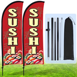 Buryeah 2 Sets Sushi Feather Flag Banner for Business 7ft Sushi Sign Flags with Flagpole and Ground Stake Japanese Traditional Food for Storefronts Retailers Shops Food Trucks Outside Event (Red)