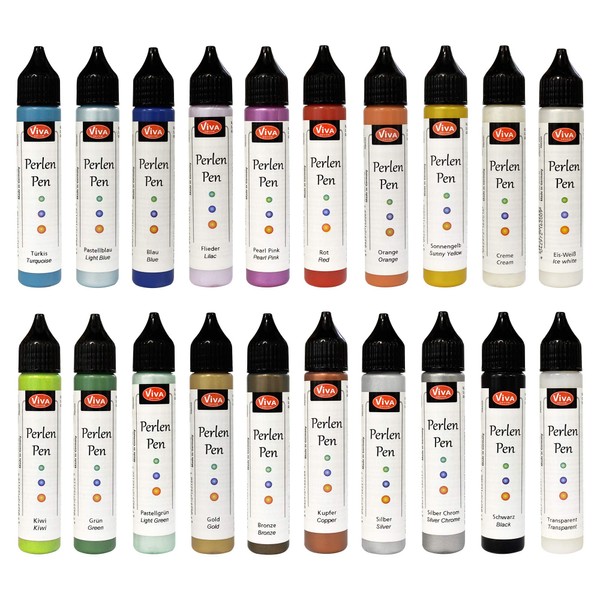 Viva Decor Perlen Pen 20 x 28 ml (Professional Set) Machine Washable, Dimensionally Stable Fabric Paint for Lines & Dots. 3D Liner Pearl Pen Textile Pens T-Shirt Marker Bead Pen Fabric Colour