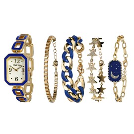 TIME100 Women's Rectangle Watch and Bracelet Set, Women's Bracelet Watch Set, Blue and Gold