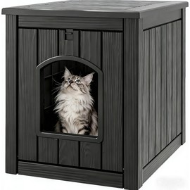 WTFGO Cat Litter Box Enclosure, Plastic Outdoor Cat House Weatherproof, Multi-Functional Hidden Litter Box Furniture for Living Room, Backyard, Patio, Black