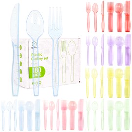 FULJOOY 180 Pieces Clear Pastel Pink Plastic Silverware Heavy Duty Cutlery Transparent Set Baby Shower Party Heavy weight Disposable Utensils Includes Spoons Forks Knives for Birthday Wedding Dinner
