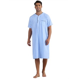 Lars Amadeus Light Blue Striped Nightshirts for Men's Short Sleeve Button Down Sleep Shirts V-Neck Stripes Nightgown Small