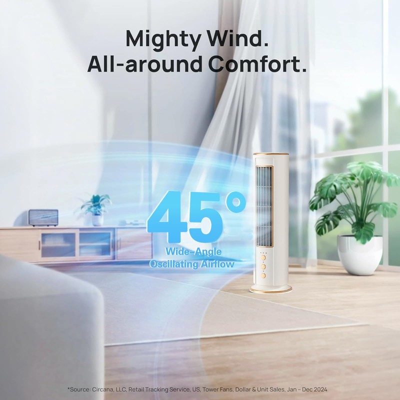 XIULIUU Tower Fan for Bedroom, USB Charging, 45° Ultra-Wide Oscillation,