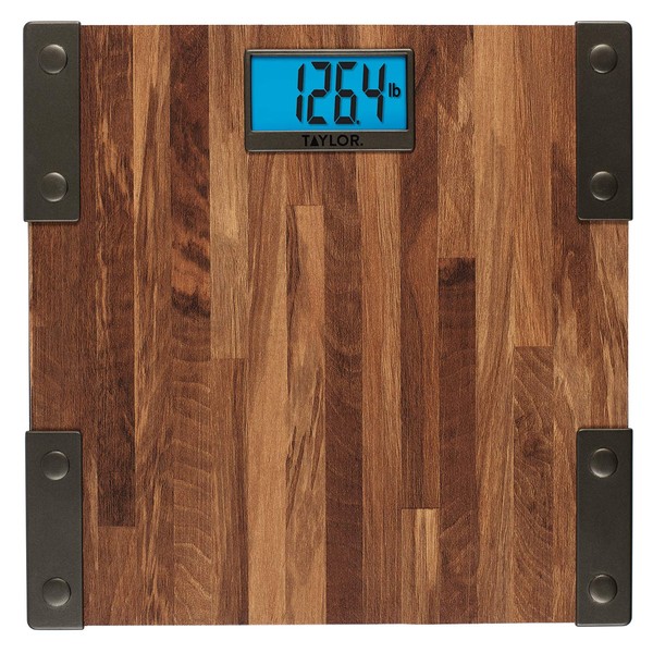 Taylor Digital Scales for Body Weight, Extra High Accurate 440 LB Capacity, Unique Blue LCD, Farmhouse Look, Auto On and OffScale, 12.4 x 12.4 Inches, Brown