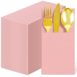 50 Pack Disposable Linen-Feel Dinner Napkins,Built-in Flatware Pocket, Pink,12x17 In,Suitable for Party, Picnic, Wedding,Events, Guest Bathrooms (Pink)