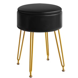 IBUYKE Faux Leather Round Footrest Stool with Storage Ottoman, Makeup Vanity Chair Side Table, PU Dressing Table Seat, Removable Cover, Golden Steel Legs, Black WBD024B