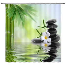 Zen Garden Shower Curtain Spa Green Bamboo Black Stone White Flower Bathroom Decor Supplies Shower Curtains Sets Machine Washable Polyester Fabric 70 x 70 Inch with Hooks