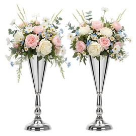 Juego de 2 jarrones de metal para boda, trompeta, centro de mesa, para boda, eventos, decoración de estar, decoración de fiesta (plata, 2 unidades)