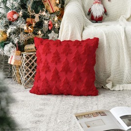 AVOIN colorlife Christmas Tree Red Throw Pillow Covers Set of 2, 18 x 18 Inch Soft Plush Faux Fur Jacquard Festivals Winter Cushion Case Decoration for Sofa Couch