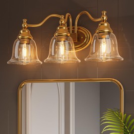Tribesigns 3-Light Bathroom Light Fixtures, Modern Vanity Light with Clear Glass Shade, Bathroom Wall Lamp for Mirror Living Room Kitchen Hallway Porch, E26 Base, Bulbs Not Included (Gold)