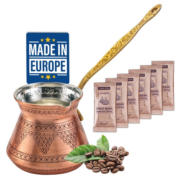 Volarium Turkish Coffee Copper Pot, Greek Armenian Arabic Coffee Maker, Stove Top Thickest Solid Hammered and Engraved Copper Coffee Cezve with Premium Brass Handle, 14.4 Oz Capacity