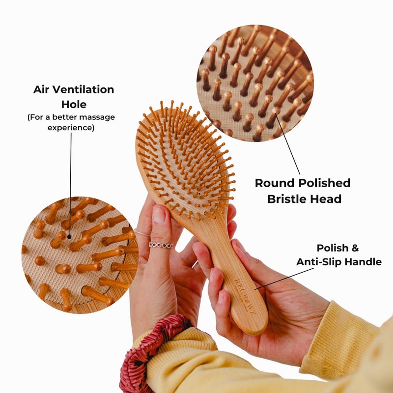 Regrowz Bamboo Paddle Hairbrush with Round Bristles - Detangle Hair