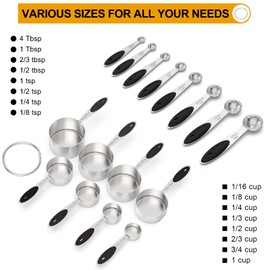 Measuring Cups & Spoons Set of 21 - Wildone Stainless Steel Measuring Cups and Spoons with Black Silicone Handle, 8 Nesting Metal Cups, 8 Spoons & 5 Mini Spoons, for Dry and Liquid Ingredient