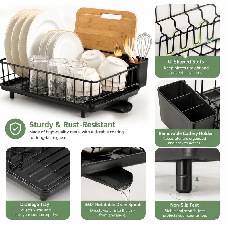304 Stainless Steel Dish Drying Rack with 360° Rotating Drain