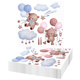 Pack of 40 Napkins Birthday, Baby Bear Napkins, Baby Shower, 33 x 33 cm Napkins, Blue, for Table Decoration, Birthday, Theme Party, Man Woman 1st Birthday Girl Decoration Party