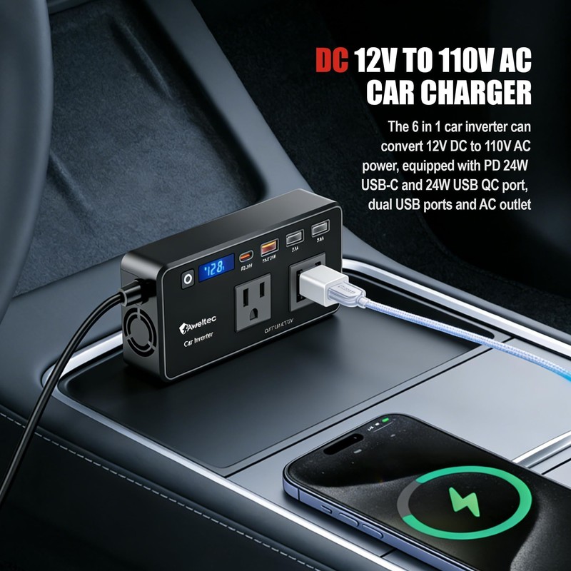AWELTEC 200W Car Inverter 12V-110V AC Converter LED USB-C PD
