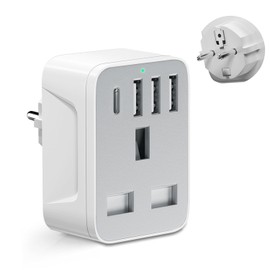 LBSC European to uk plug adapter,travel adapter UK to European Plug with 1*USB C & 3*USB A Ports,European Travel Adapter for Germany Spain France Turkey Greece Iceland(Type E/F) (Grey Travel adapter)