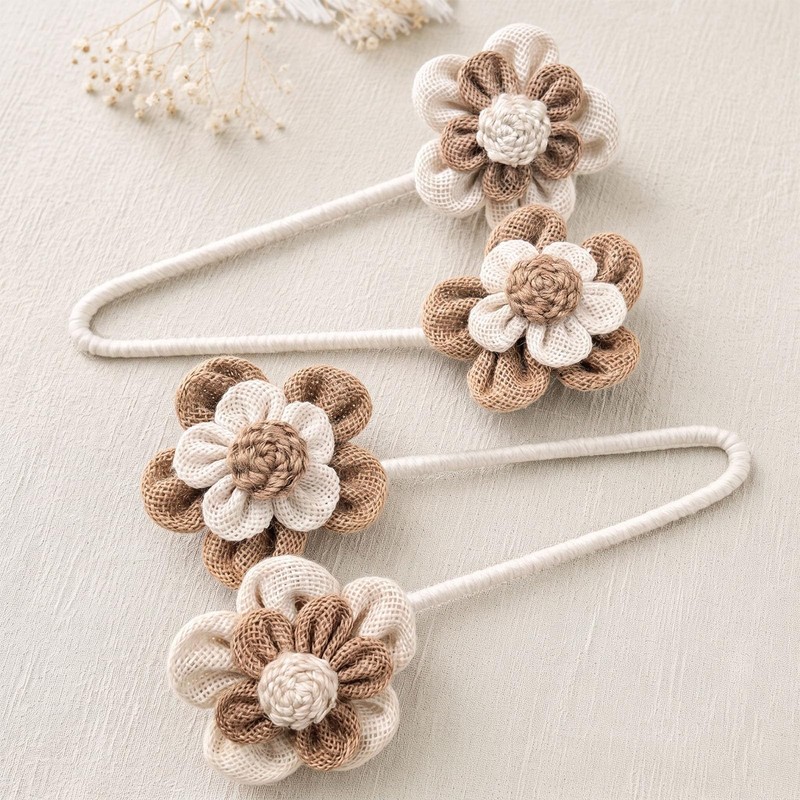 2 Pack Flower Curtain Tiebacks, Linen Cotton Curtain Holdbacks(White&Khaki)