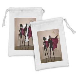 Ambesonne Superhero Fabric Pouch Set of 2, Super Woman and Man Heroes in City Solving Crime Hot Couple in Costume, Small Drawstring Bag for Toiletries Masks and Favors, 9" x 6", Beige Brown Magenta