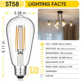 Gozelux Vintage LED Edison Bulbs, 6W, Equivalent 60W, Dimmable, High Brightness Warm White 2700K, ST58 Antique LED Filament Bulbs with 90+ CRI, E26 Standard Base Light Bulbs, Clear Glass, Pack of 4