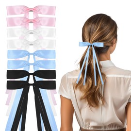 8 PCS Silky Satin Hair Bows Clips, Ribbon Pink Hair Clips Hair Bowknot with Long Tail, Metal Clip Red Ribbon Bow Barrettes French Accessories for Women Girls Toddlers Teens Kids