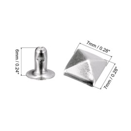 sourcing map Set of 100 Spike Rivets 7 mm Pyramid Quick Rivets Square Punk Spikes Leather Craft Decoration for Clothing Belt Bags Shoes Silver Tone