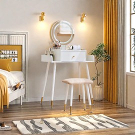 JanflyHome Vanity Desk, Makeup Vanity Desk with Mirror and Lights, 3 Color and Brightness Adjustable, Vanity Table with Power Outlet & Cushioned Stool, Small Vanity for Girls Bedroom, White